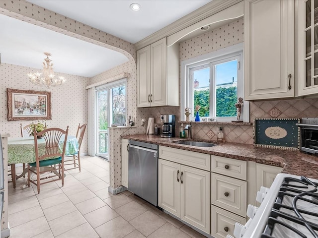 80-51 Little Neck Pkwy, Glen Oaks, NY 11004 - kitchen featuring dishwasher, wallpapered walls, a chandelier, tasteful backsplash, and a sink