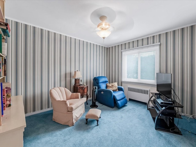 80-51 Little Neck Pkwy, Glen Oaks, NY 11004 - living area with radiator heating unit, wallpapered walls, carpet, and ceiling fan