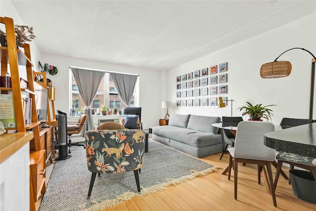 living room featuring light hardwood / wood-style flooring and a textured ceiling