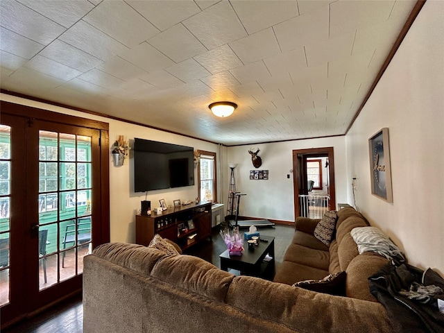 living room with ornamental molding and dark hardwood / wood-style floors