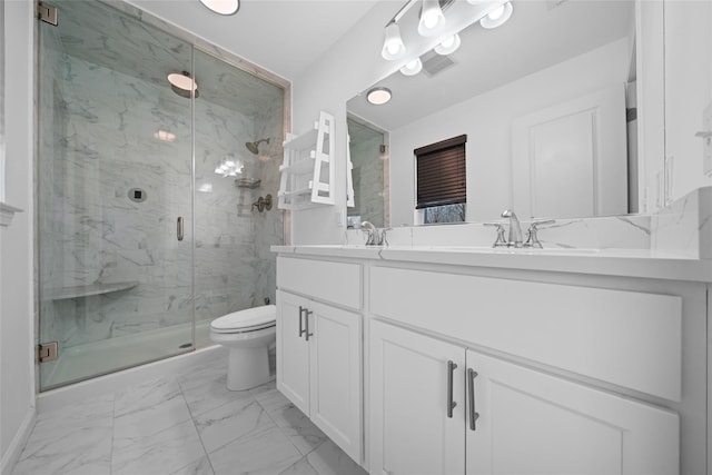 bathroom with walk in shower, vanity, and toilet