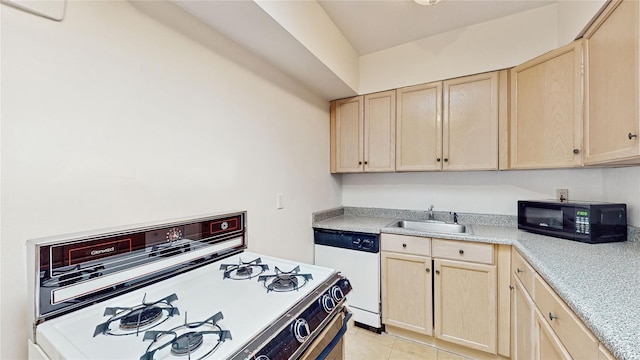 kitchen featuring sink, white appliances, light tile patterned floors, and light brown cabinets