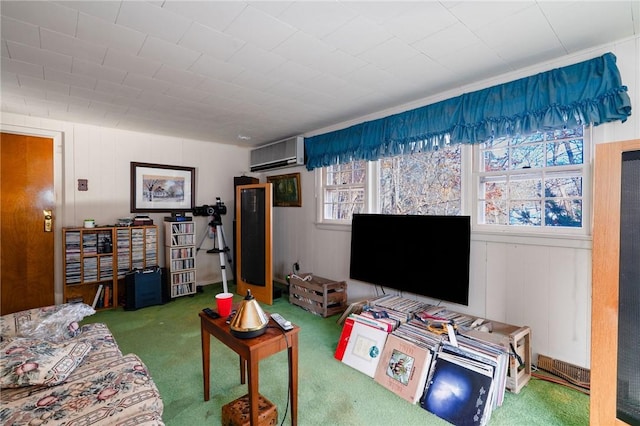 living room featuring a wall unit AC and carpet