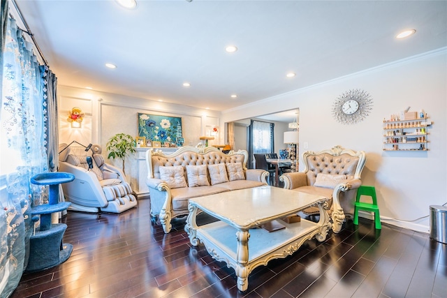 living room featuring dark wood-type flooring and ornamental molding