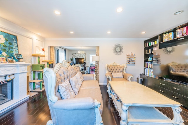 living room with crown molding and dark wood-type flooring