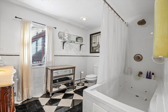 bathroom with a baseboard radiator, toilet, tile walls, and shower / bath combo with shower curtain