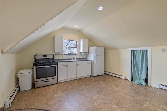 kitchen with white cabinetry, gas range, a baseboard radiator, and white refrigerator