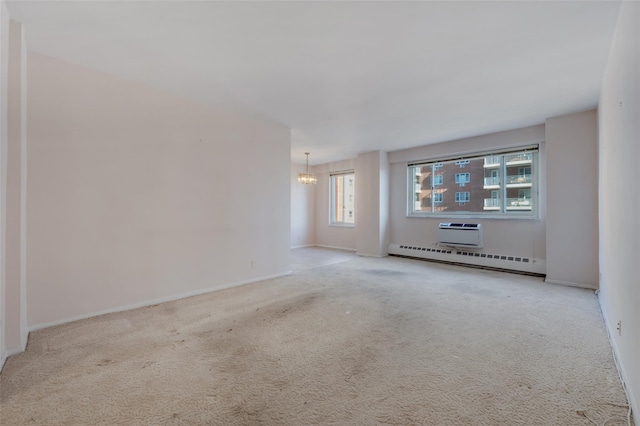 unfurnished living room featuring light carpet, a notable chandelier, a wall mounted air conditioner, and baseboard heating