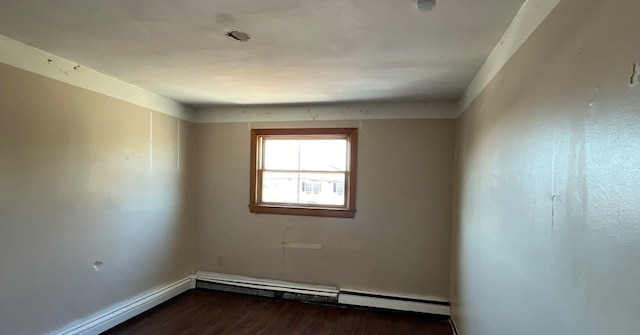 unfurnished room with hardwood / wood-style flooring and a baseboard radiator