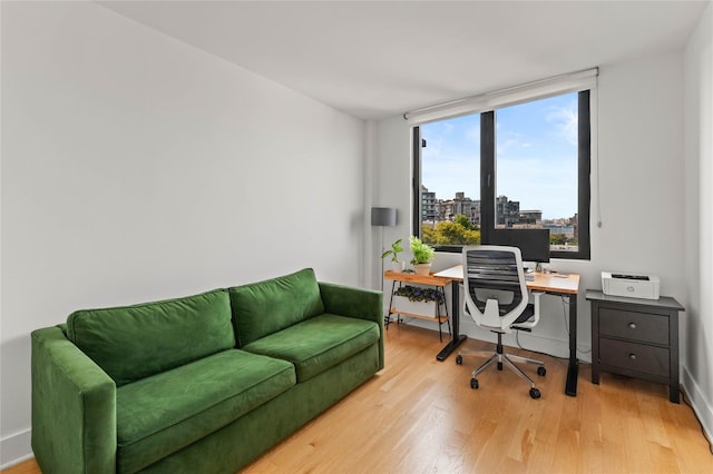 home office with light hardwood / wood-style floors