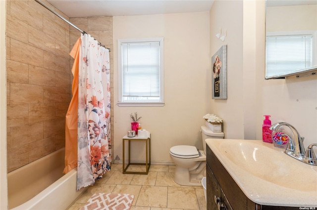 full bathroom with vanity, shower / bath combination with curtain, and toilet