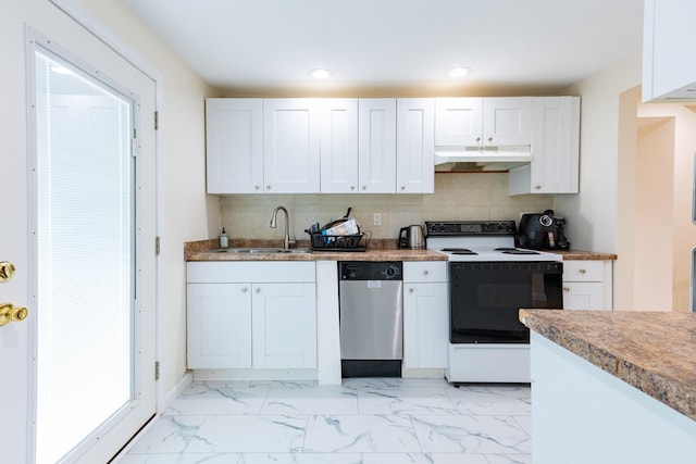 kitchen featuring dishwasher, sink, white cabinets, decorative backsplash, and electric stove