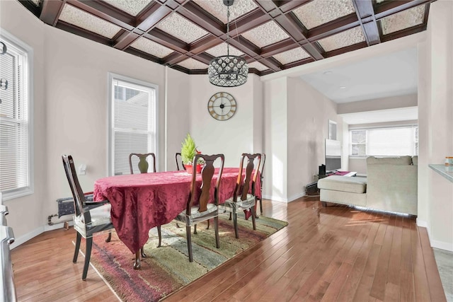 dining space featuring hardwood / wood-style flooring, a healthy amount of sunlight, coffered ceiling, and beamed ceiling