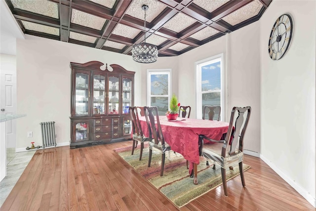 dining area featuring coffered ceiling, hardwood / wood-style flooring, radiator heating unit, and beamed ceiling