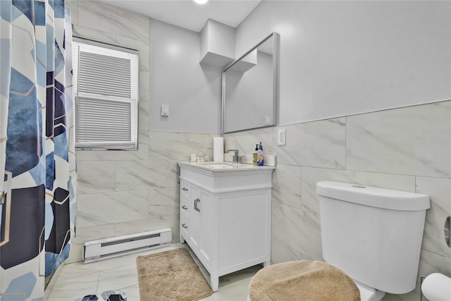 bathroom featuring toilet, a shower with curtain, tile walls, a baseboard radiator, and vanity