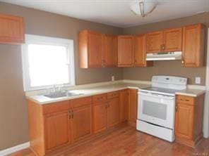 kitchen featuring sink, light hardwood / wood-style flooring, and electric range