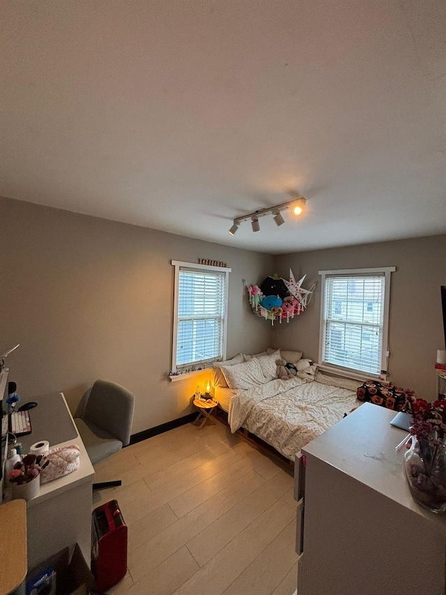 bedroom featuring multiple windows and light wood-type flooring