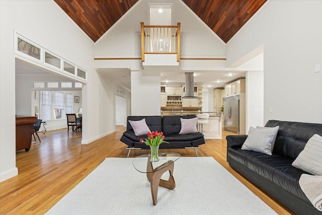 699 Ardsley Rd, Scarsdale, NY 10583 - living area with wood ceiling, high vaulted ceiling, and light wood-type flooring