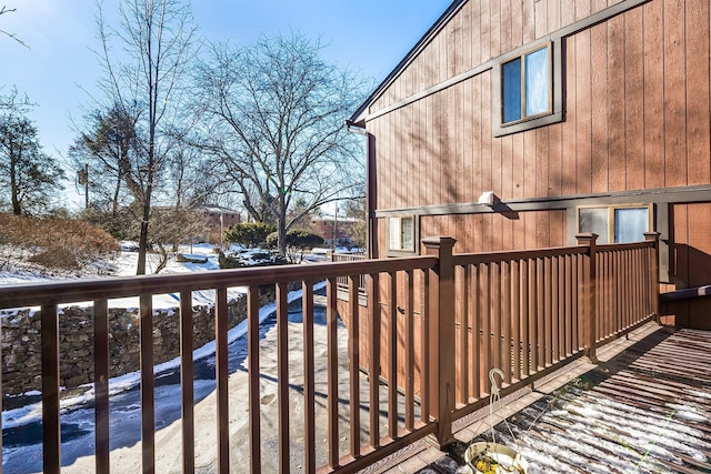 view of snow covered deck