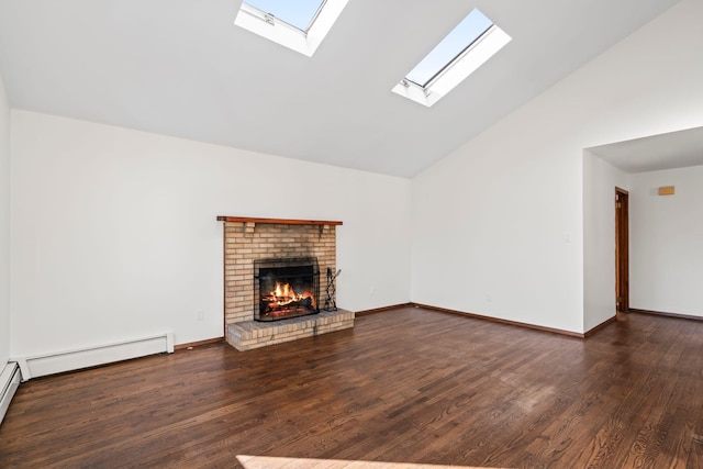 unfurnished living room with baseboard heating, dark hardwood / wood-style flooring, high vaulted ceiling, and a brick fireplace