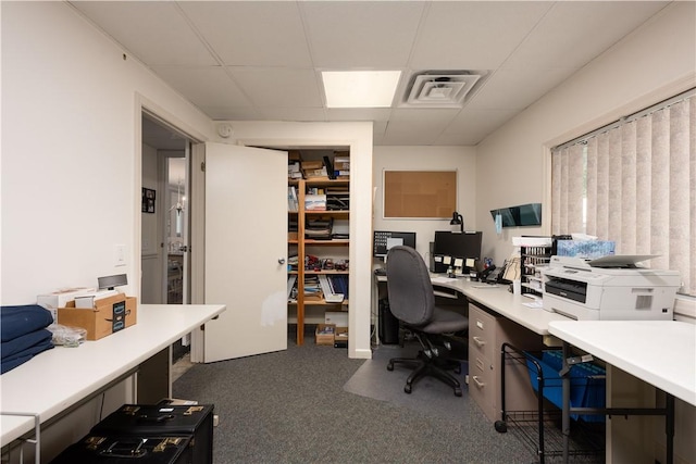 carpeted home office featuring a paneled ceiling