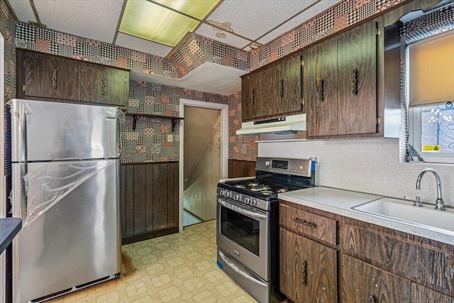 kitchen with appliances with stainless steel finishes, sink, a drop ceiling, and dark brown cabinetry