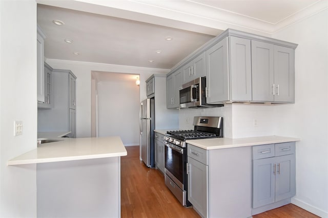 kitchen with tasteful backsplash, light hardwood / wood-style flooring, appliances with stainless steel finishes, gray cabinets, and kitchen peninsula