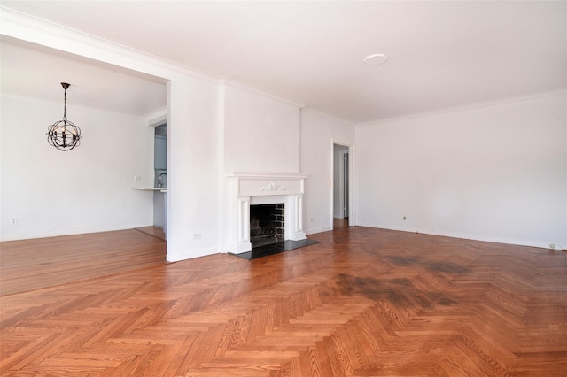 unfurnished living room featuring ornamental molding and an inviting chandelier