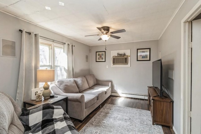 living room featuring a wall mounted air conditioner, a baseboard radiator, ornamental molding, dark hardwood / wood-style flooring, and ceiling fan