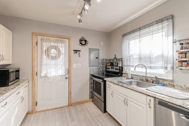 kitchen featuring sink, white cabinetry, stainless steel appliances, electric panel, and light wood-type flooring