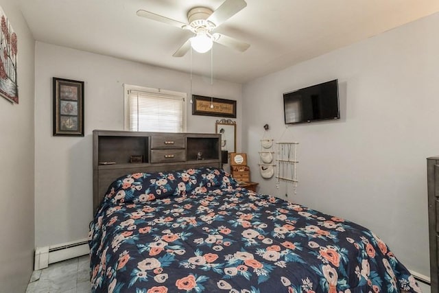 bedroom with ceiling fan and a baseboard radiator