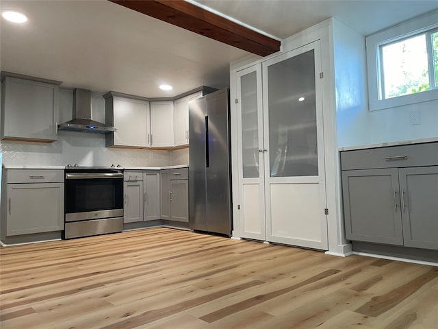 kitchen with gray cabinetry, stainless steel appliances, beam ceiling, decorative backsplash, and wall chimney range hood