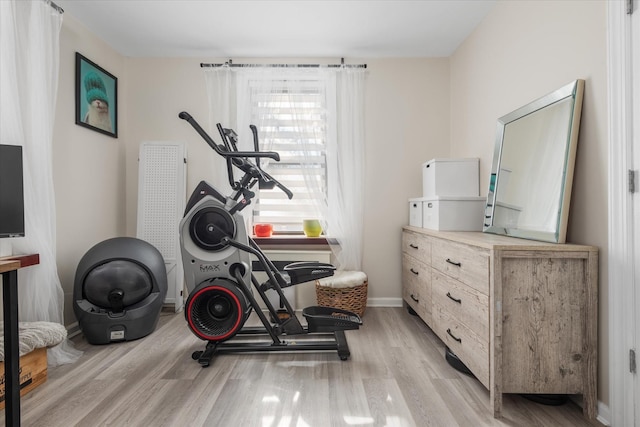 workout area featuring light hardwood / wood-style flooring