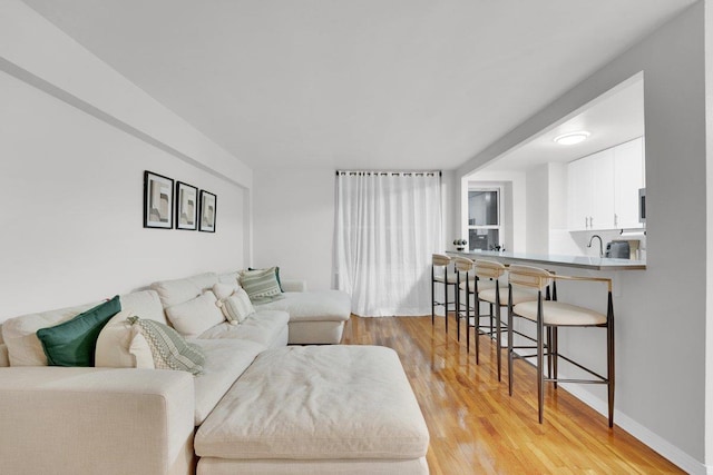 living room with sink and light hardwood / wood-style floors