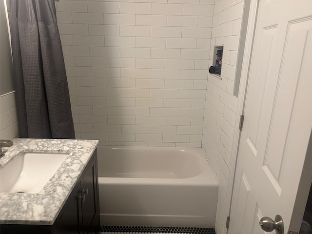 1 Landmark Sq Unit 302, Port Chester, NY 10573 - bathroom with shower / bathtub combination with curtain, vanity, and tile patterned floors
