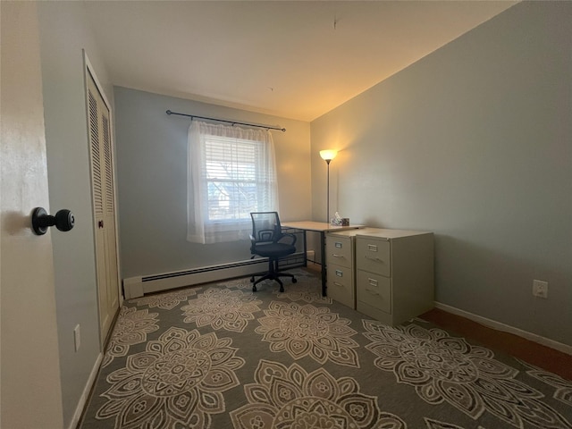 office with lofted ceiling and baseboard heating