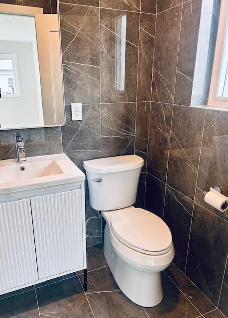 bathroom with vanity, plenty of natural light, and tile walls