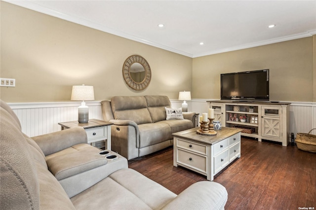 living room featuring ornamental molding and dark hardwood / wood-style floors