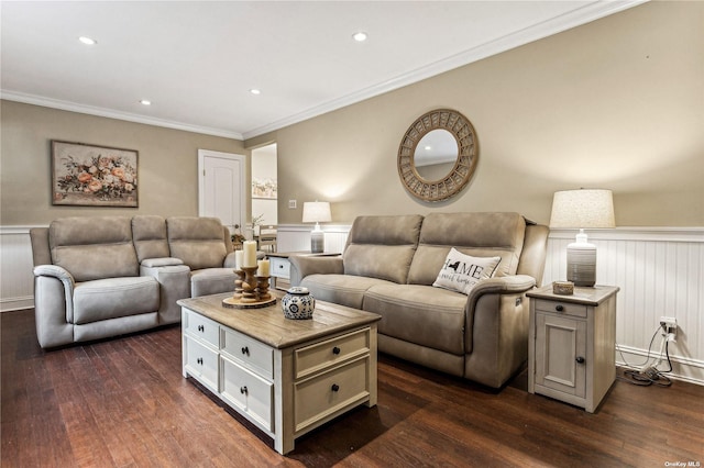 living room with dark wood-type flooring and crown molding