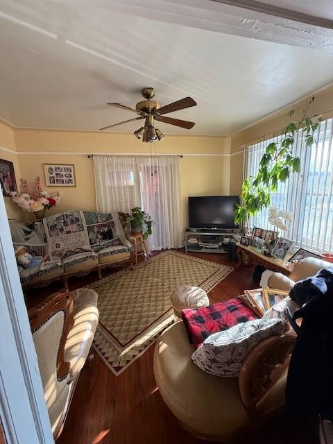 living room with wood-type flooring and ceiling fan