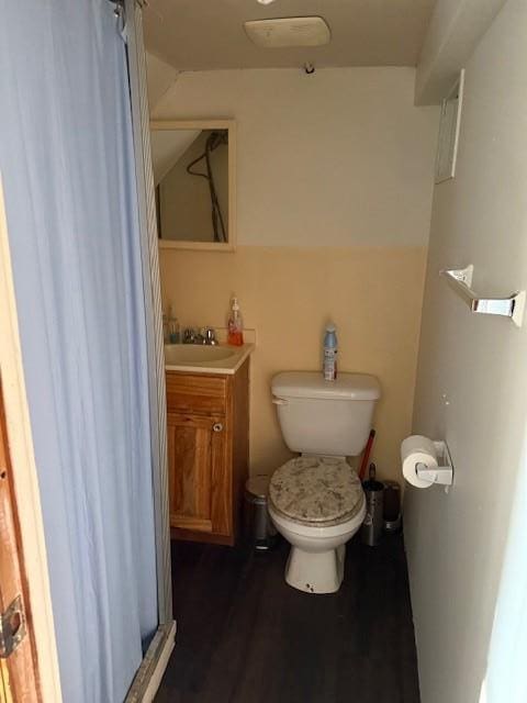 bathroom with vanity, toilet, and hardwood / wood-style floors