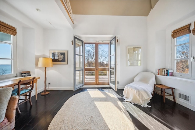 bedroom featuring dark hardwood / wood-style floors, access to exterior, and french doors