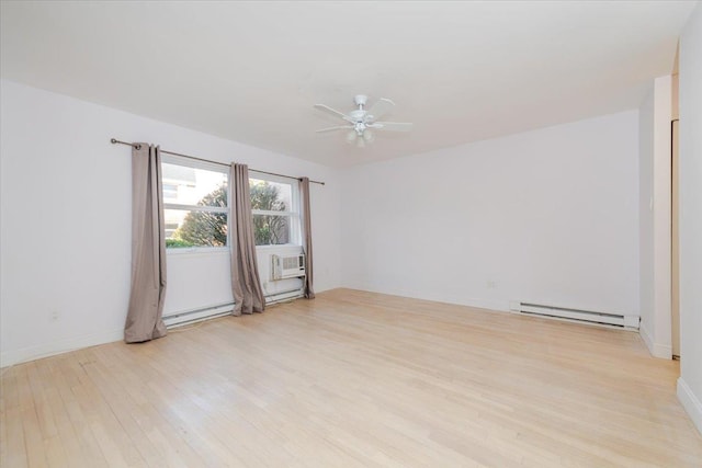 unfurnished room with a baseboard heating unit, light hardwood / wood-style flooring, and ceiling fan