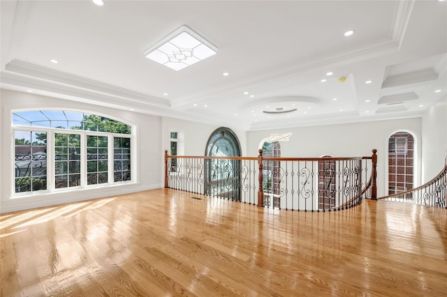 interior space with ornamental molding, a raised ceiling, and hardwood / wood-style floors