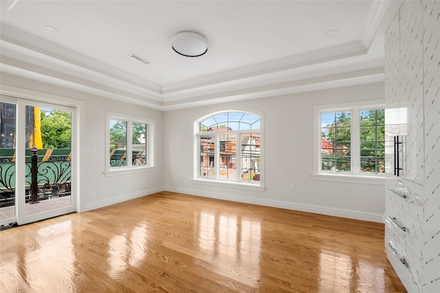 spare room featuring a raised ceiling, crown molding, and light hardwood / wood-style floors