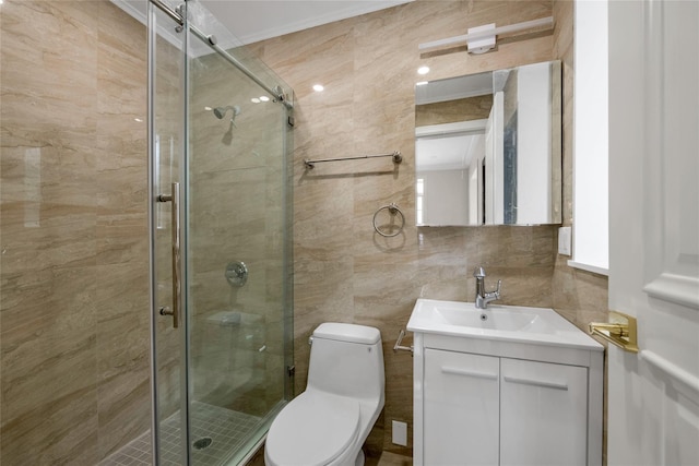 bathroom with tile walls, backsplash, vanity, an enclosed shower, and toilet