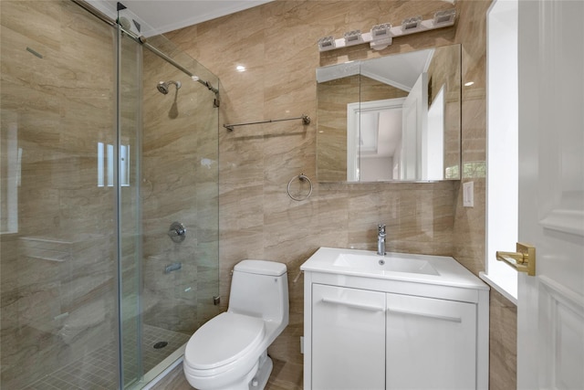 bathroom featuring toilet, tile walls, vanity, a shower with door, and backsplash