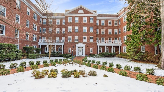 view of snow covered building