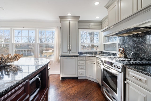 kitchen featuring dark hardwood / wood-style floors, stainless steel appliances, custom range hood, and dark stone counters