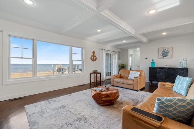 living room featuring coffered ceiling, a water view, crown molding, dark hardwood / wood-style floors, and beam ceiling